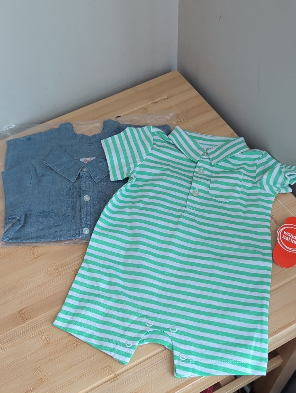 wonder nation Mint Green & White Striped Polo Romper & Chambray Romper